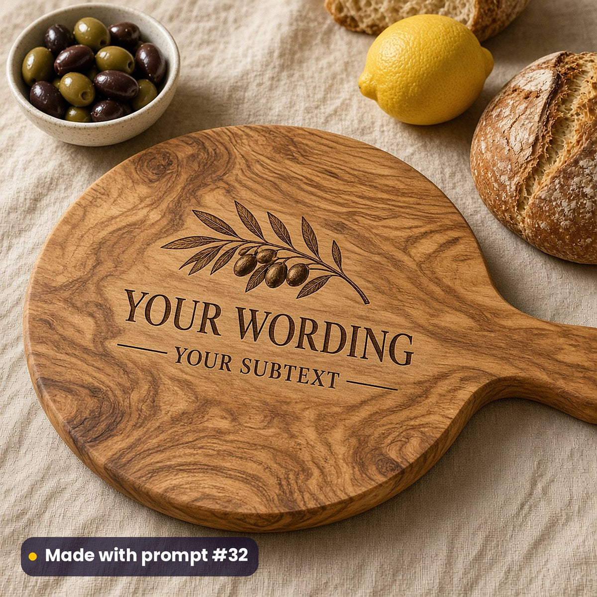 Round olive-wood style board engraved with an olive branch above YOUR WORDING and YOUR SUBTEXT placeholder text, beside olives, a lemon and bread, made with prompt #32