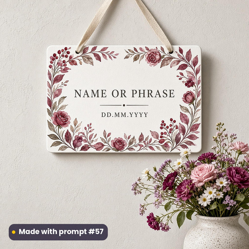 White hanging plaque with a burgundy watercolour botanical border around NAME OR PHRASE and DD.MM.YYYY placeholder text, above a vase of flowers, made with prompt #57