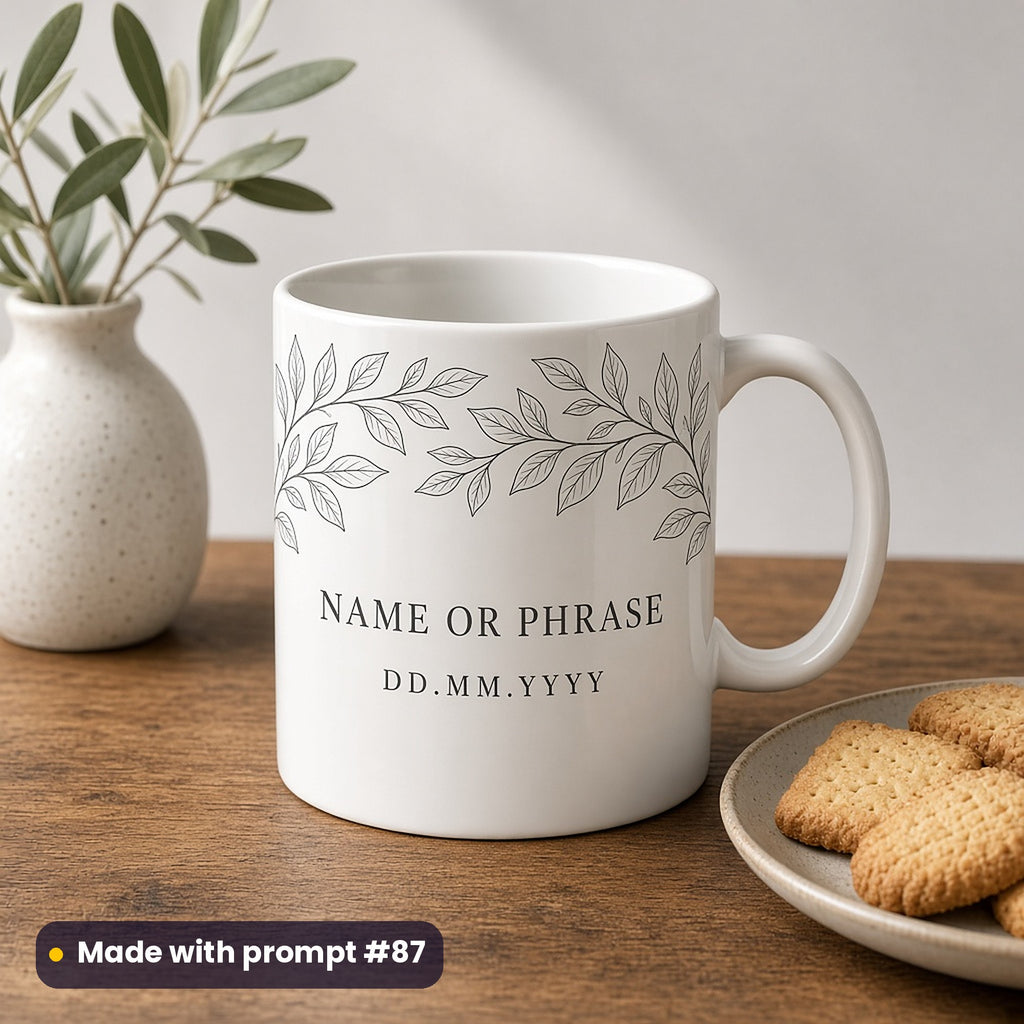 White mug printed with a line-art leaf border above NAME OR PHRASE and DD.MM.YYYY placeholder text, beside olive sprigs and biscuits, made with prompt #87