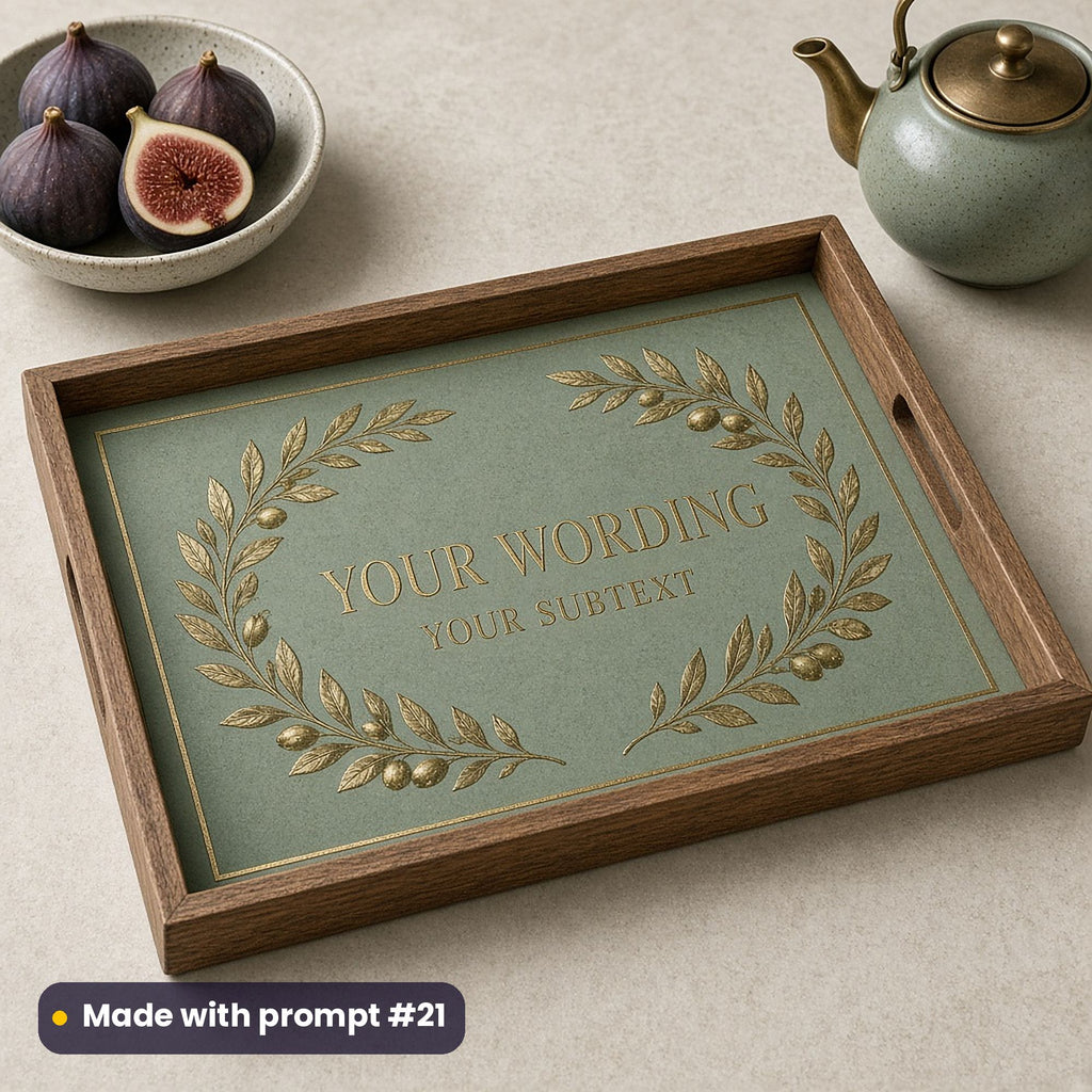 Wooden tray printed in sea-glass green with brass olive branches around YOUR WORDING and YOUR SUBTEXT placeholder text, beside figs and a teapot, made with prompt #21
