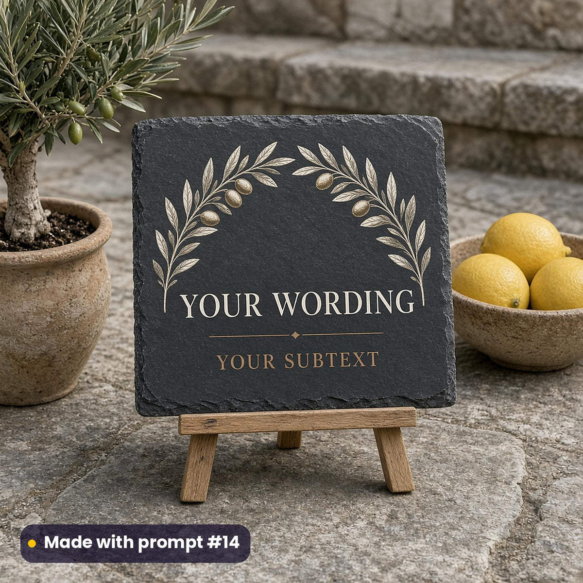 Slate sign on an easel printed in ivory and gold with an olive branch arch above YOUR WORDING and YOUR SUBTEXT placeholder text, beside an olive tree and lemons, made with prompt #14