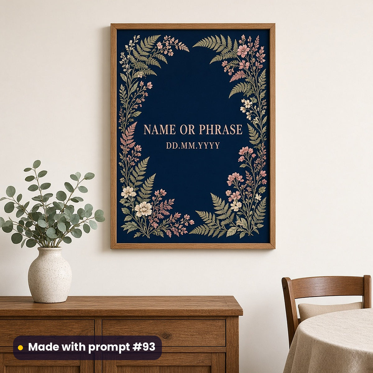 Framed wall art of pressed ferns and flowers on midnight blue around NAME OR PHRASE and DD.MM.YYYY placeholder text, above a sideboard, made with prompt #93