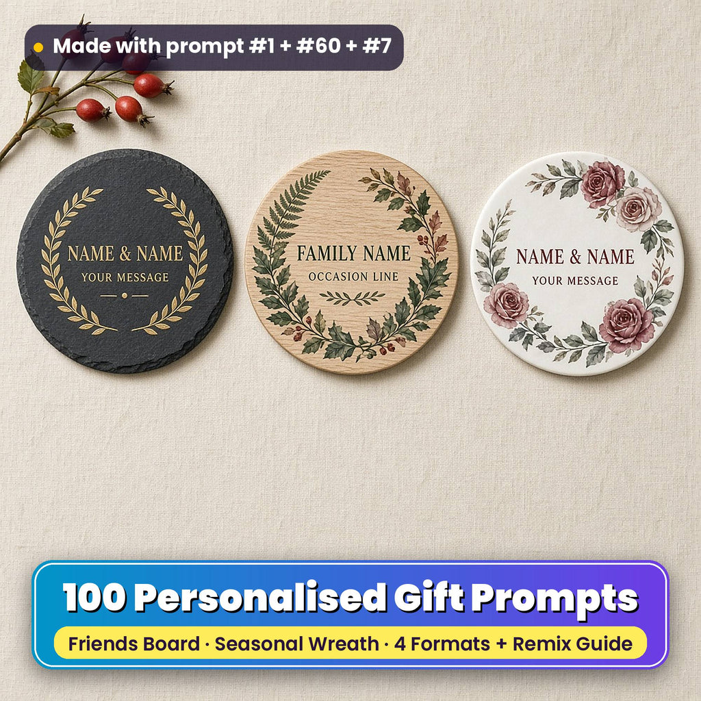 Three personalised gift coasters on linen: a slate coaster with a gold laurel wreath, an oak coaster with a green fern and berry wreath and a white ceramic coaster with burgundy watercolour roses, reading NAME & NAME, YOUR MESSAGE, FAMILY NAME and OCCASION LINE as placeholder text, made with prompt #1 + #60 + #7