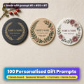 Three personalised gift coasters on linen: a slate coaster with a gold laurel wreath, an oak coaster with a green fern and berry wreath and a white ceramic coaster with burgundy watercolour roses, reading NAME & NAME, YOUR MESSAGE, FAMILY NAME and OCCASION LINE as placeholder text, made with prompt #1 + #60 + #7