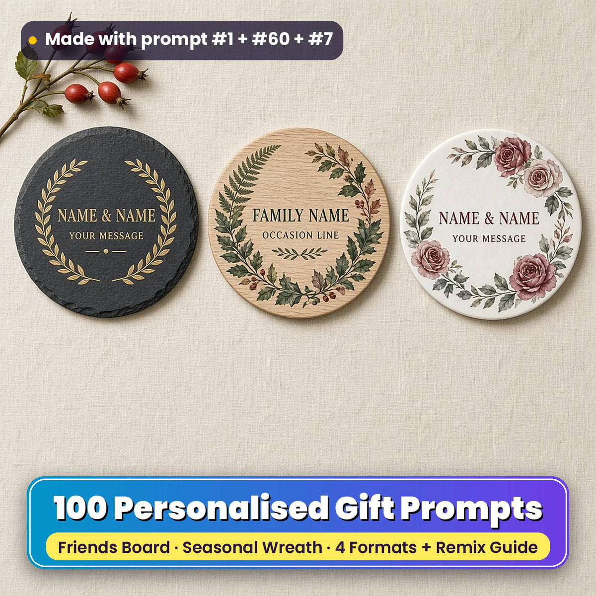 Three personalised gift coasters on linen: a slate coaster with a gold laurel wreath, an oak coaster with a green fern and berry wreath and a white ceramic coaster with burgundy watercolour roses, reading NAME & NAME, YOUR MESSAGE, FAMILY NAME and OCCASION LINE as placeholder text, made with prompt #1 + #60 + #7