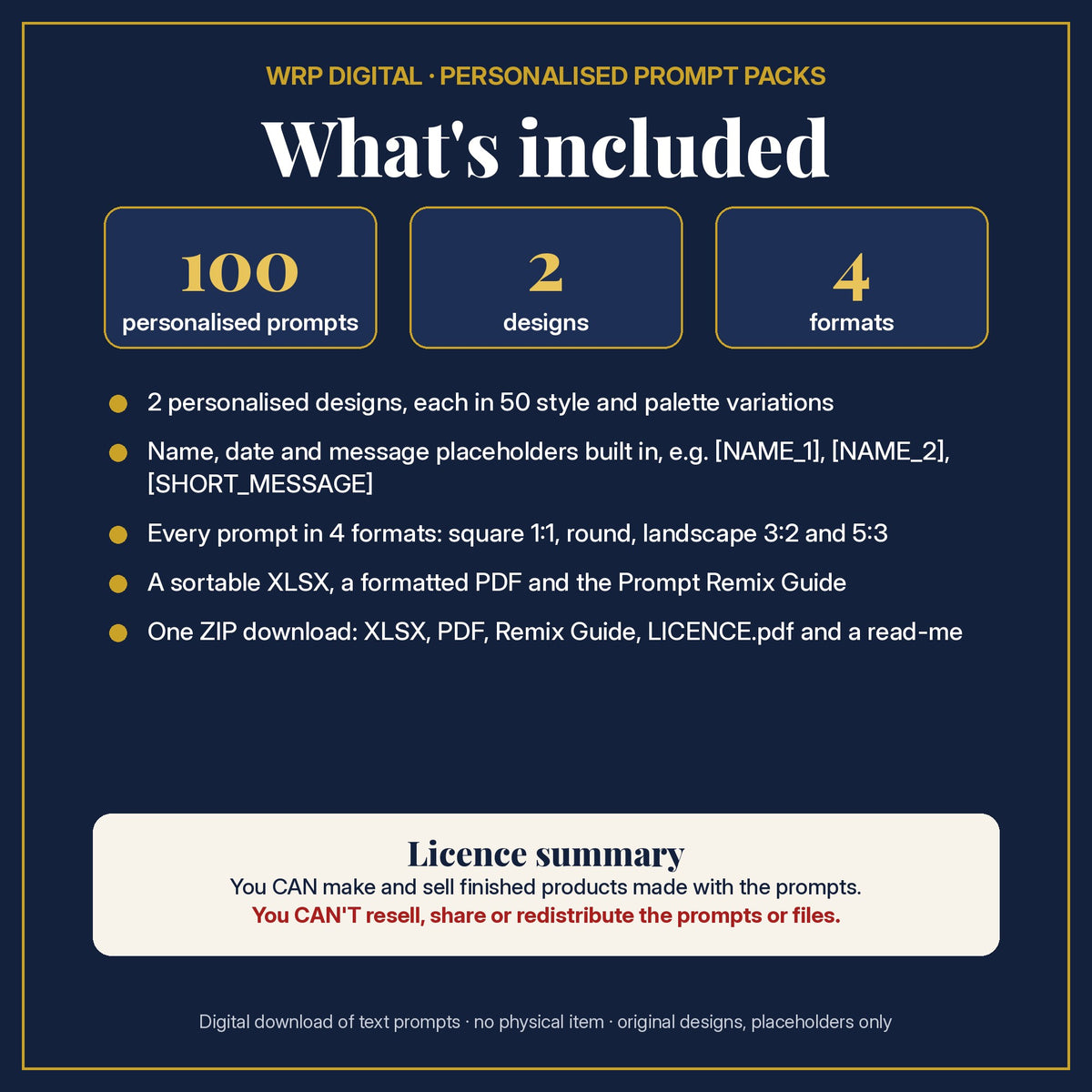 What's included: 100 personalised prompts, 2 designs with name, date and message placeholders, 4 formats (square, round, 3:2, 5:3), XLSX and PDF, Prompt Remix Guide, ZIP, and a licence summary