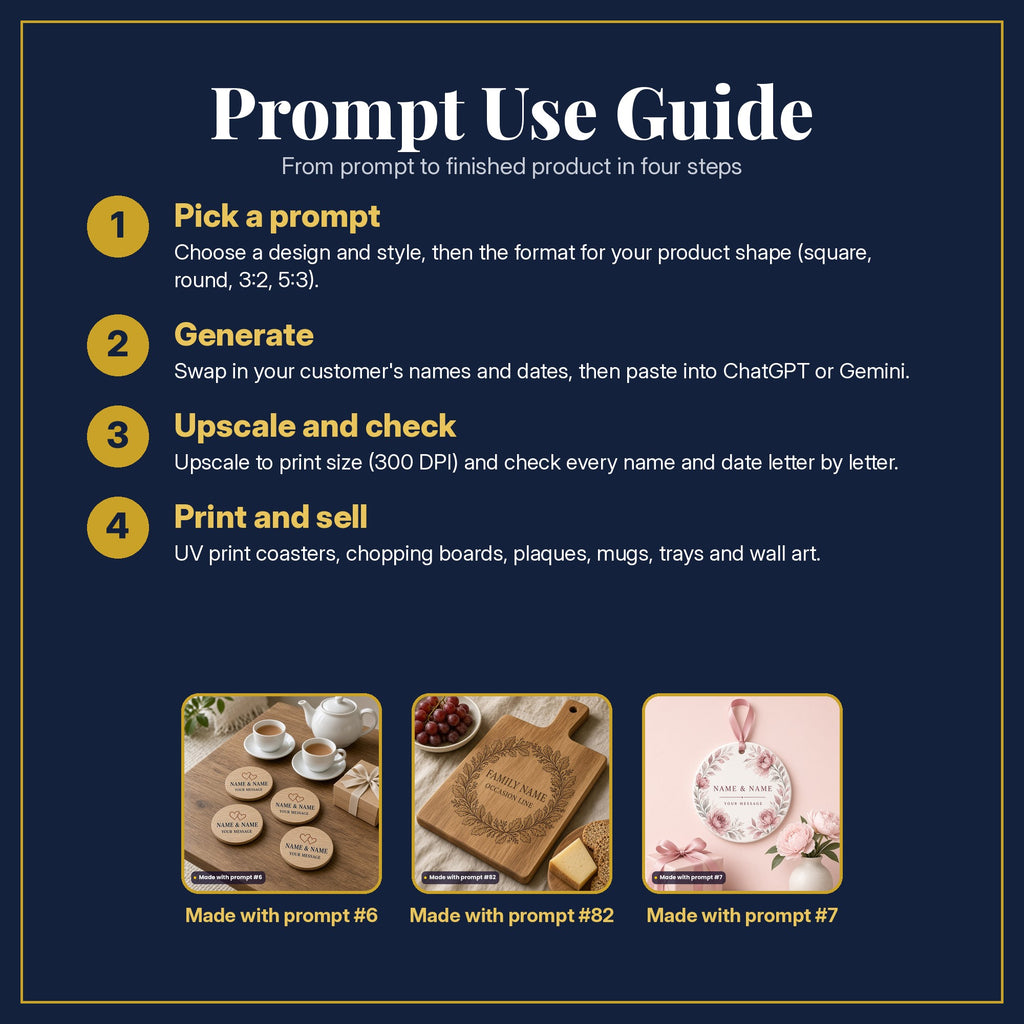 Prompt Use Guide in four steps: pick a prompt, generate, upscale and check, print and sell, with example products made with prompt #6, prompt #82, prompt #7