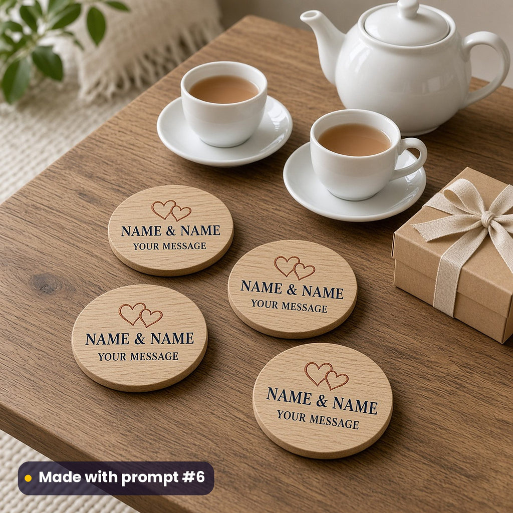 Four round oak coasters printed in navy and copper with two linked hearts above NAME & NAME and YOUR MESSAGE placeholder text, beside a teapot, teacups and a gift box, made with prompt #6