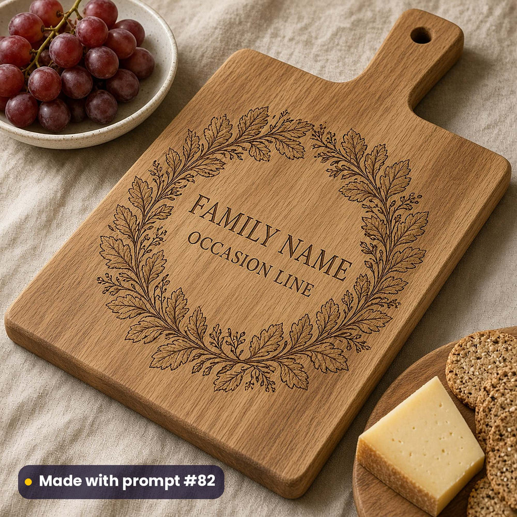 Oak sharing board engraved with a leaf and berry wreath around FAMILY NAME and OCCASION LINE placeholder text, beside grapes, cheese and crackers, made with prompt #82