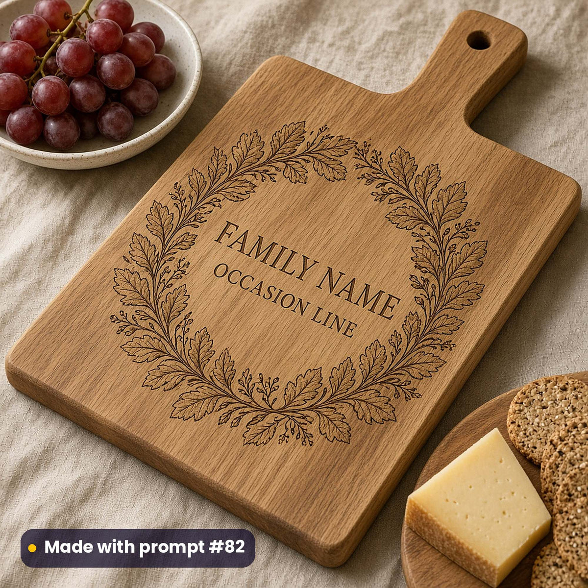 Oak sharing board engraved with a leaf and berry wreath around FAMILY NAME and OCCASION LINE placeholder text, beside grapes, cheese and crackers, made with prompt #82