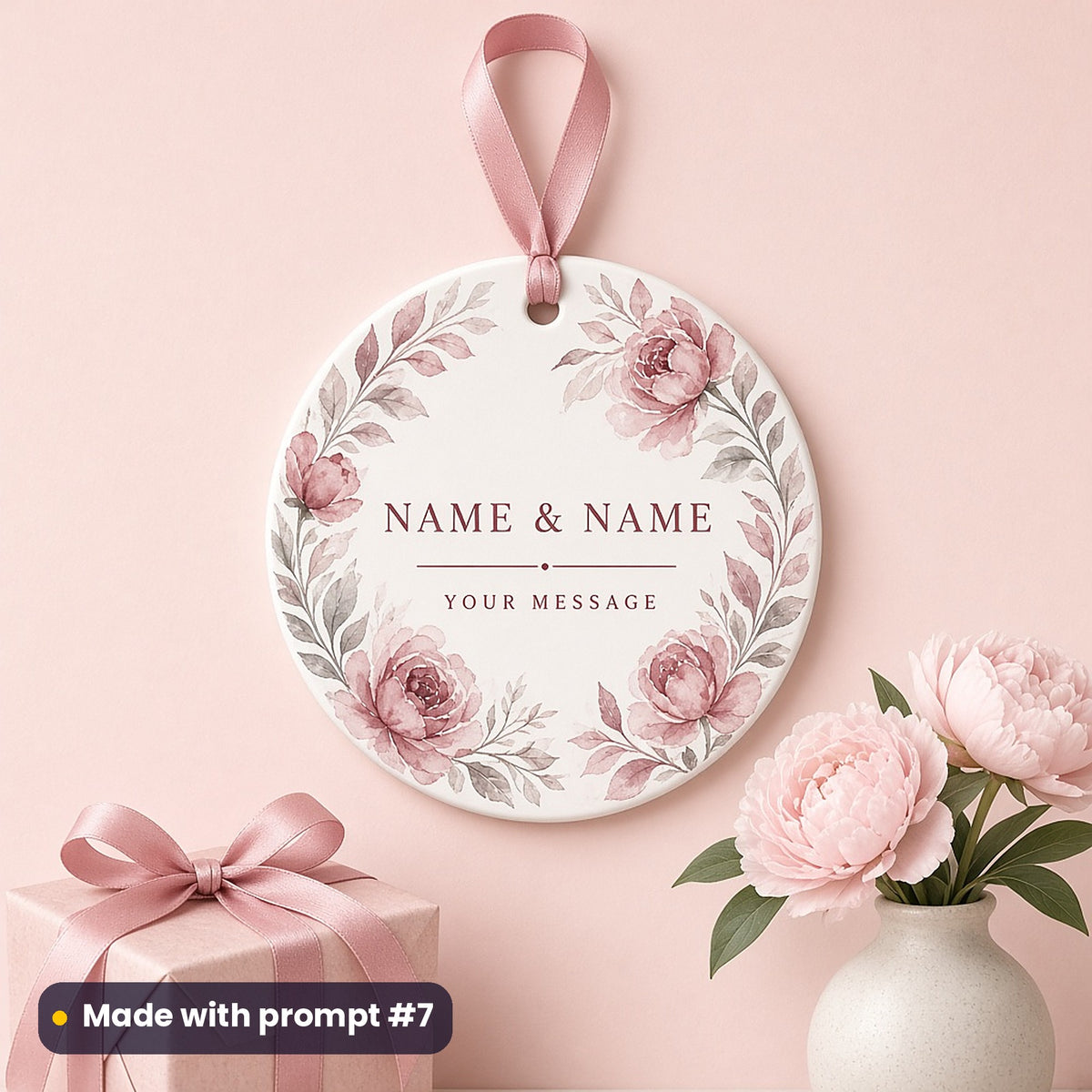 Round white plaque on a pink ribbon printed with soft watercolour peonies around NAME & NAME and YOUR MESSAGE placeholder text, above a wrapped gift, made with prompt #7