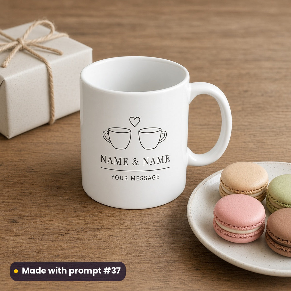 White mug printed with two line-art teacups and a heart above NAME & NAME and YOUR MESSAGE placeholder text, beside a gift and macarons, made with prompt #37