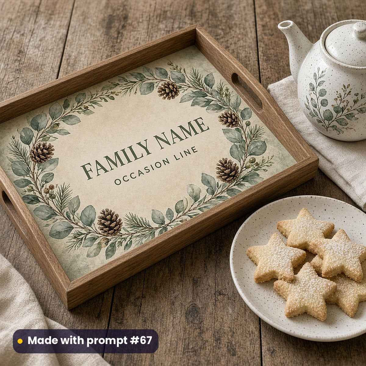 Wooden tray printed with a eucalyptus and pine cone wreath around FAMILY NAME and OCCASION LINE placeholder text, beside a teapot and star biscuits, made with prompt #67