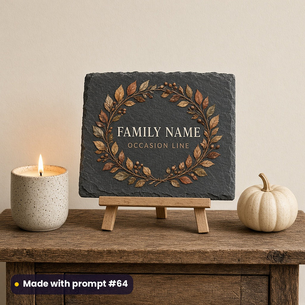 Slate sign on an easel printed with an autumn leaf and berry wreath around FAMILY NAME and OCCASION LINE placeholder text, beside a candle and a pumpkin, made with prompt #64