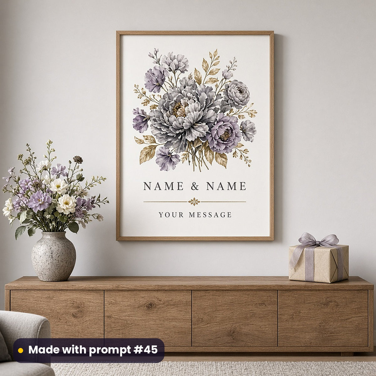 Framed wall art of painterly peonies in smoke grey, lilac and gold above NAME & NAME and YOUR MESSAGE placeholder text, above a sideboard, made with prompt #45