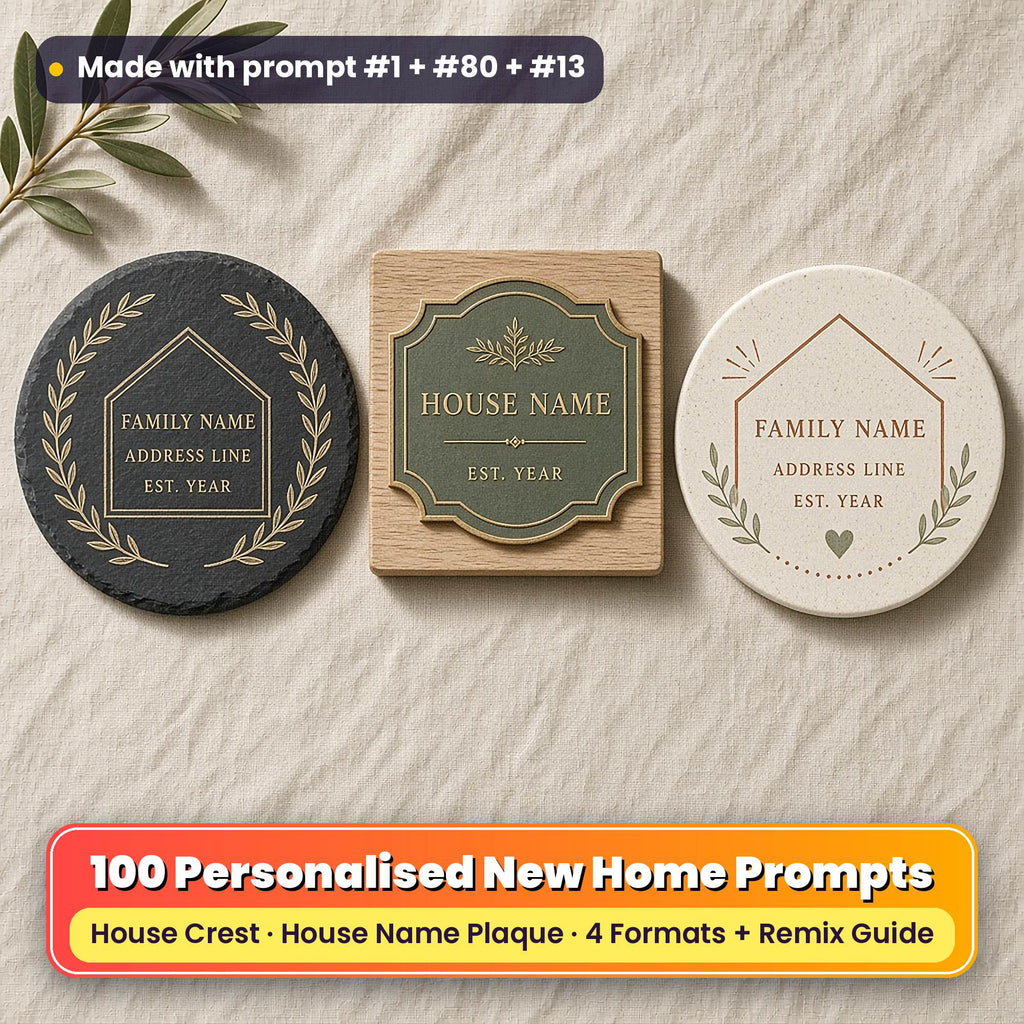 Three personalised new home coasters on linen: a slate coaster with a gold laurel house crest, an oak coaster with a sage house name plaque and a ceramic coaster with a soft house outline, reading FAMILY NAME, ADDRESS LINE, HOUSE NAME and EST. YEAR as placeholder text, made with prompt #1 + #80 + #13
