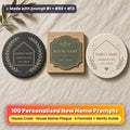 Three personalised new home coasters on linen: a slate coaster with a gold laurel house crest, an oak coaster with a sage house name plaque and a ceramic coaster with a soft house outline, reading FAMILY NAME, ADDRESS LINE, HOUSE NAME and EST. YEAR as placeholder text, made with prompt #1 + #80 + #13