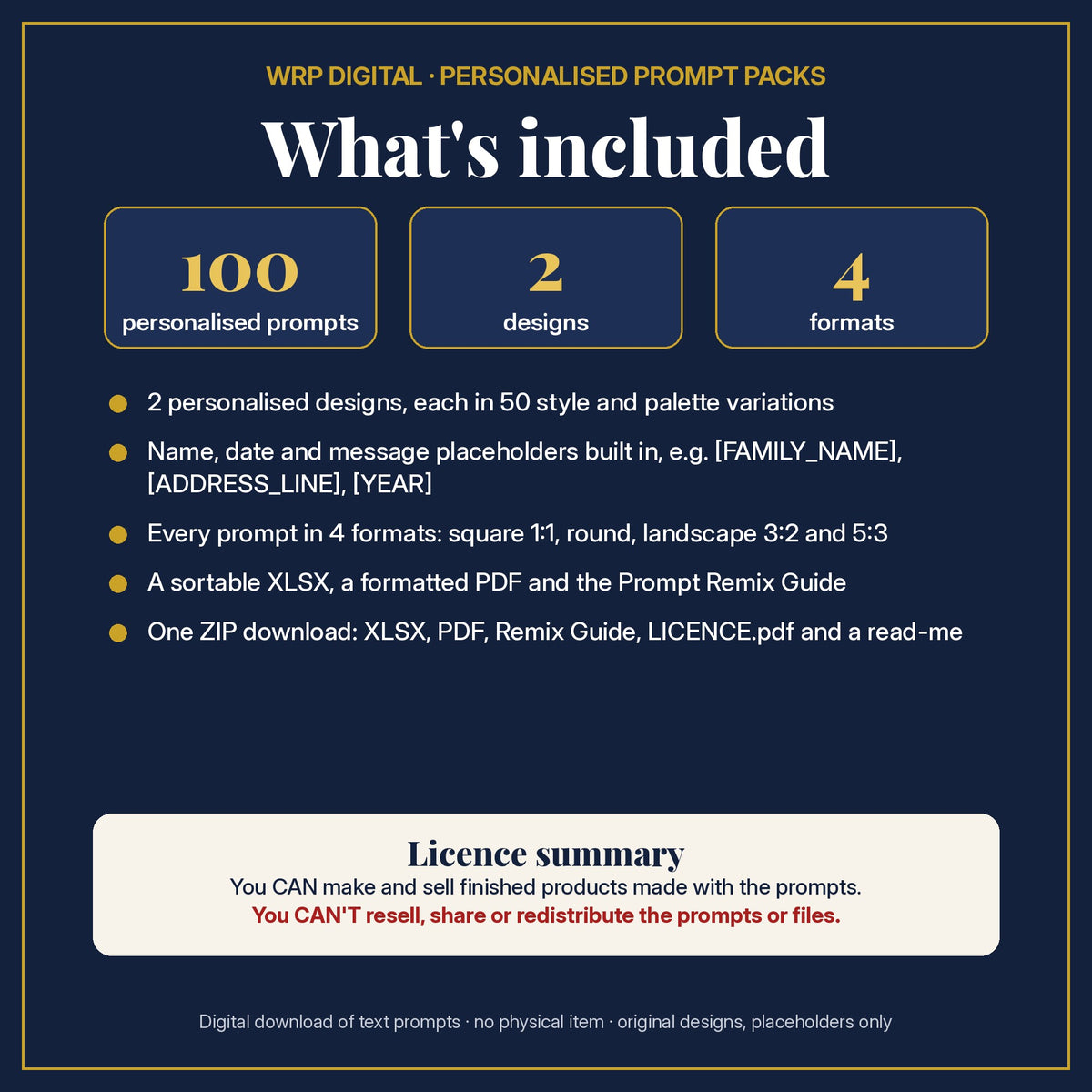What's included: 100 personalised prompts, 2 designs with name, date and message placeholders, 4 formats (square, round, 3:2, 5:3), XLSX and PDF, Prompt Remix Guide, ZIP, and a licence summary