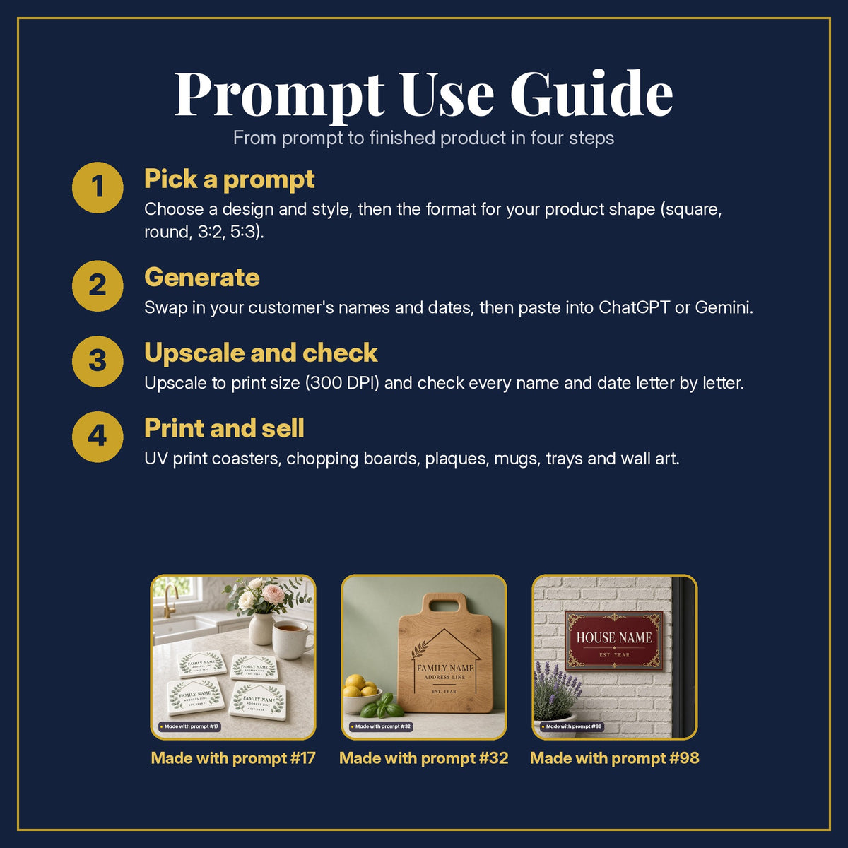 Prompt Use Guide in four steps: pick a prompt, generate, upscale and check, print and sell, with example products made with prompt #17, prompt #32, prompt #98