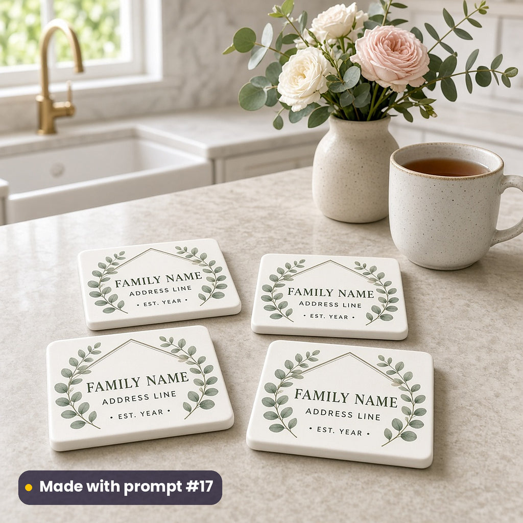 Four square stone coasters printed with a sage leaf house crest around FAMILY NAME, ADDRESS LINE and EST. YEAR placeholder text, beside tea and roses, made with prompt #17