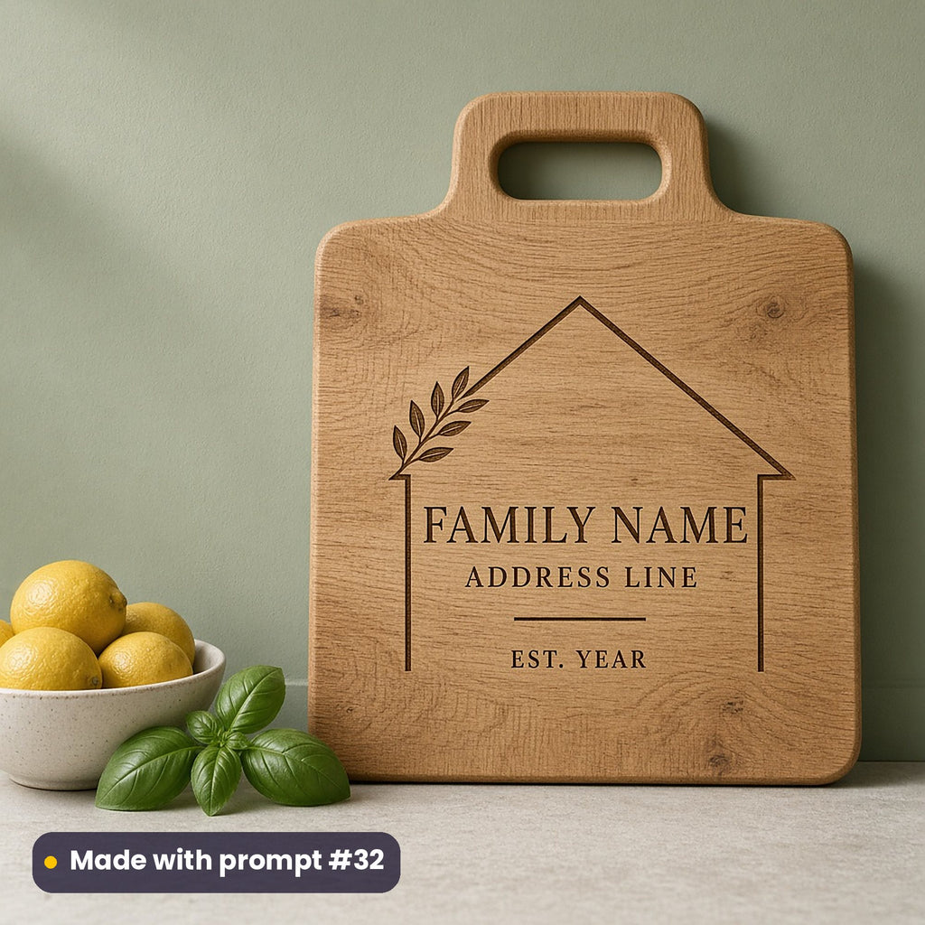 Oak chopping board engraved with a house outline and leaf sprig around FAMILY NAME, ADDRESS LINE and EST. YEAR placeholder text, beside lemons, made with prompt #32