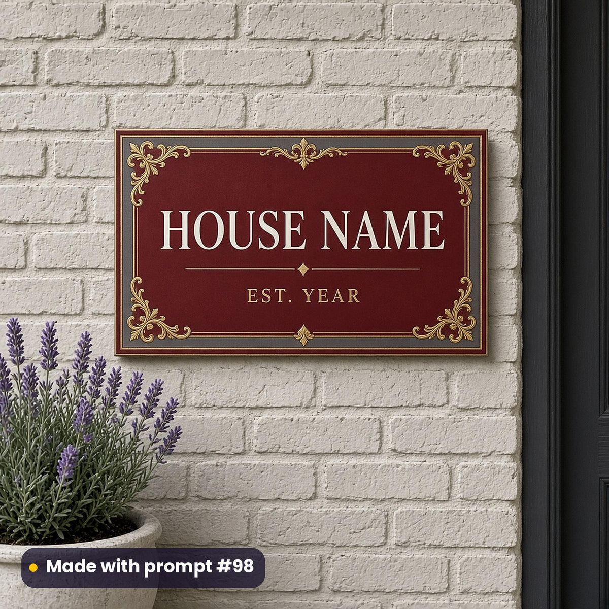 Burgundy house name plaque with a gold ornamental border reading HOUSE NAME and EST. YEAR placeholder text, on a white brick wall beside lavender, made with prompt #98