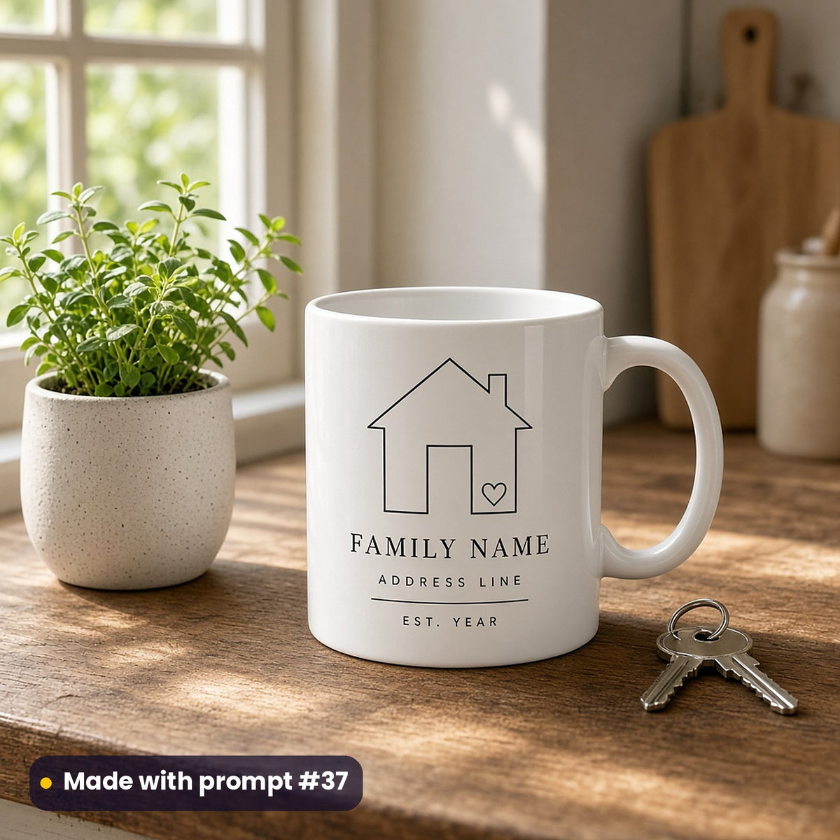 White mug printed with a line-art house outline above FAMILY NAME, ADDRESS LINE and EST. YEAR placeholder text, beside a plant and keys, made with prompt #37