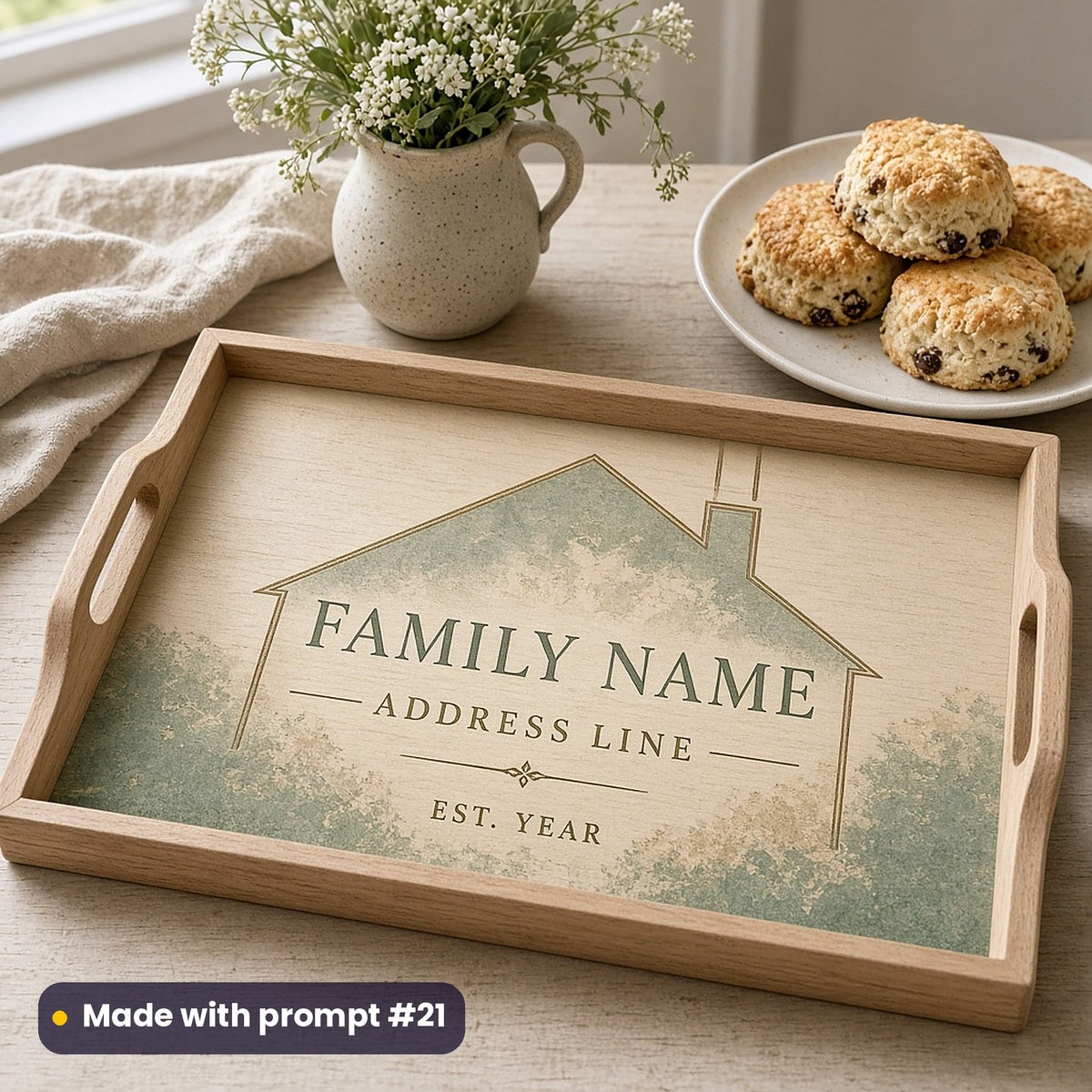 Wooden tray printed with a soft green textured house outline around FAMILY NAME, ADDRESS LINE and EST. YEAR placeholder text, beside scones, made with prompt #21