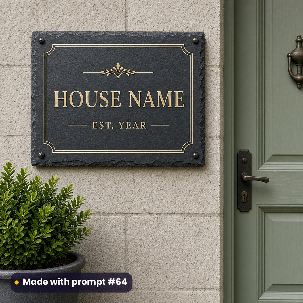 Slate house sign printed in ivory and gold reading HOUSE NAME and EST. YEAR placeholder text, beside a sage front door, made with prompt #64