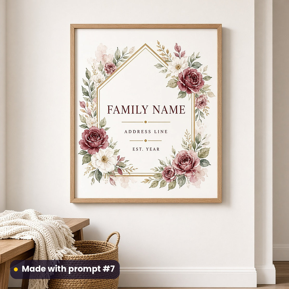 Framed wall art of watercolour roses around a house outline with FAMILY NAME, ADDRESS LINE and EST. YEAR placeholder text, in a hallway, made with prompt #7