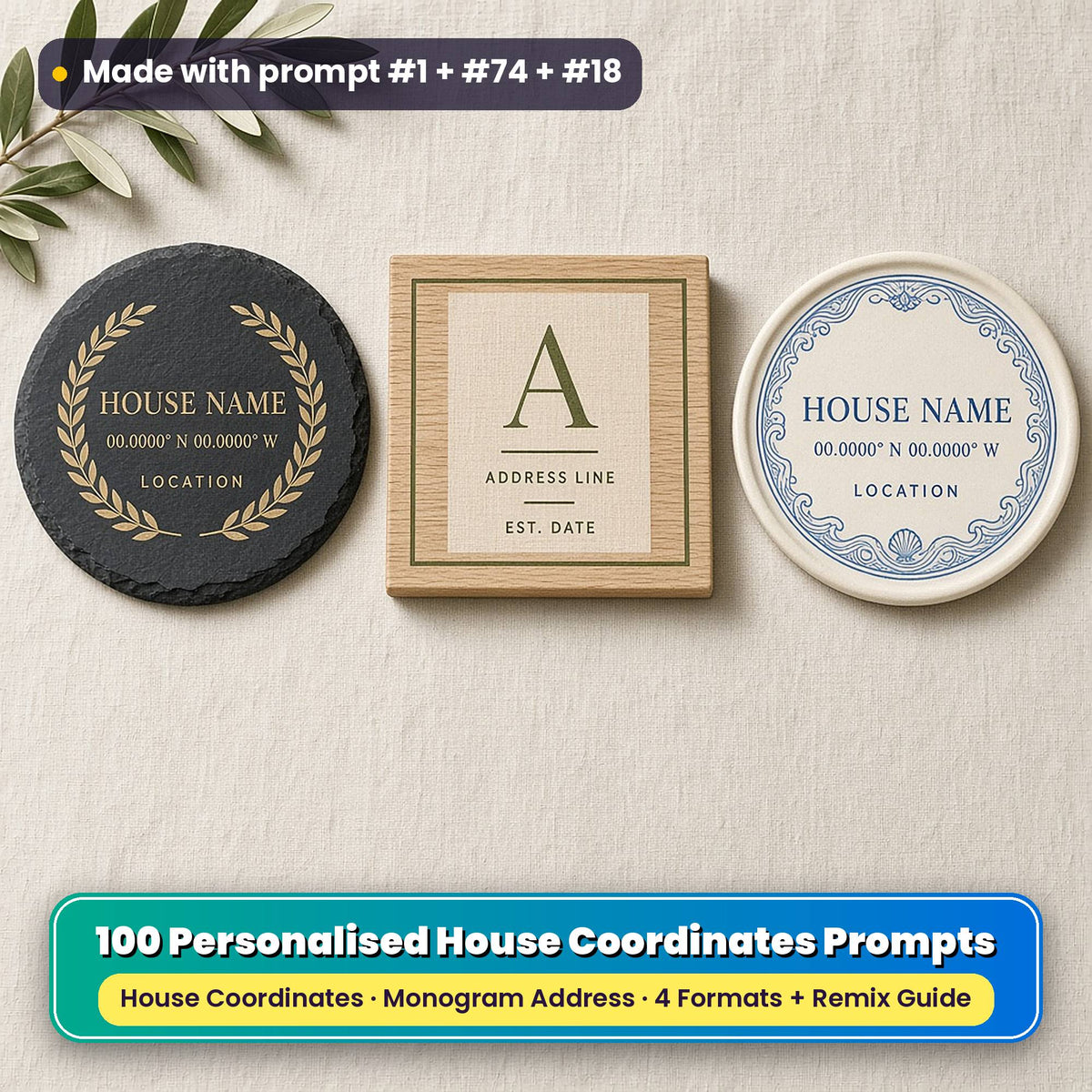 Three personalised home coasters on linen: a slate coaster with a gold laurel ring, an oak coaster with a moss green monogram and a ceramic coaster with a cobalt wave border, reading HOUSE NAME, 00.0000° N 00.0000° W, LOCATION, A, ADDRESS LINE and EST. DATE as placeholder text, made with prompt #1 + #74 + #18
