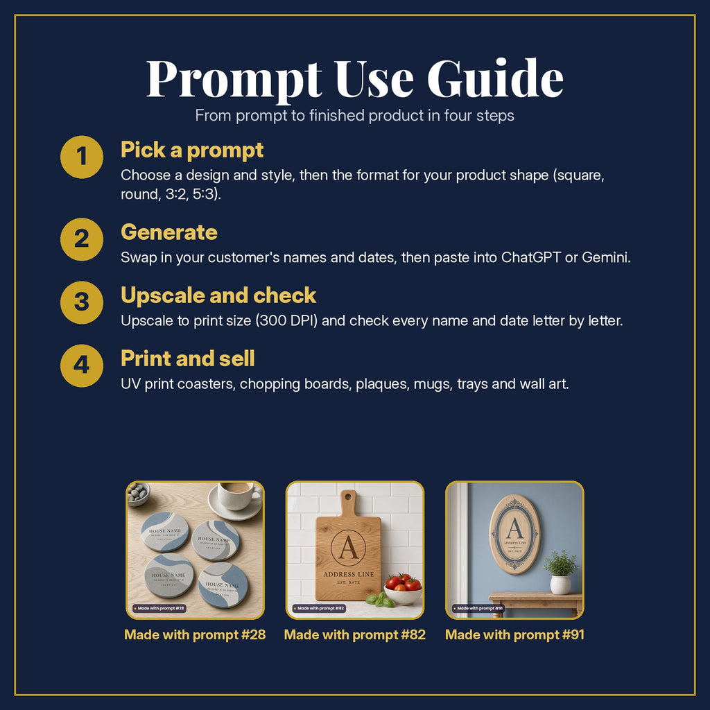 Prompt Use Guide in four steps: pick a prompt, generate, upscale and check, print and sell, with example products made with prompt #28, prompt #82, prompt #91