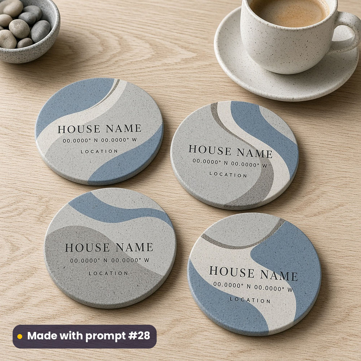 Four round stone-effect coasters printed with dusty blue organic curves around HOUSE NAME, 00.0000° N 00.0000° W and LOCATION placeholder text, beside coffee, made with prompt #28