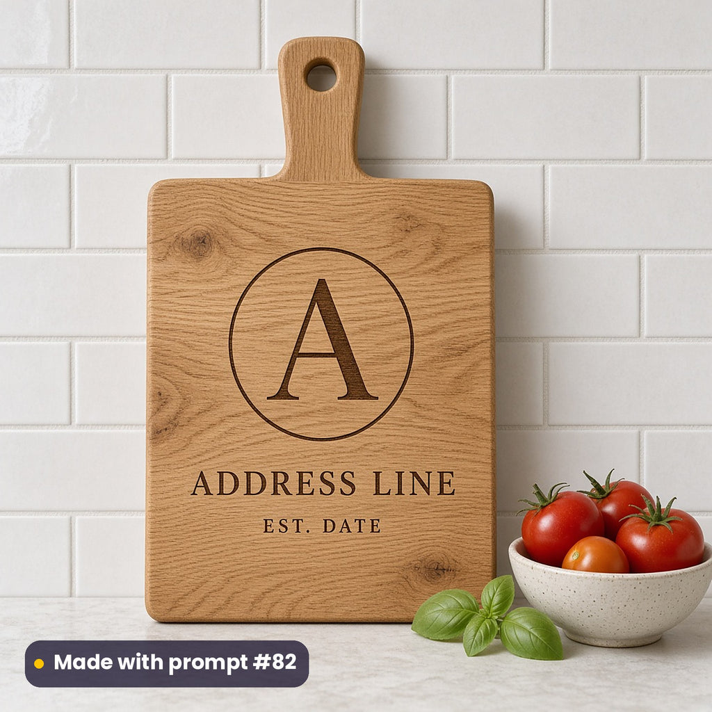 Oak chopping board engraved with a circled monogram letter A above ADDRESS LINE and EST. DATE placeholder text, beside tomatoes and basil, made with prompt #82