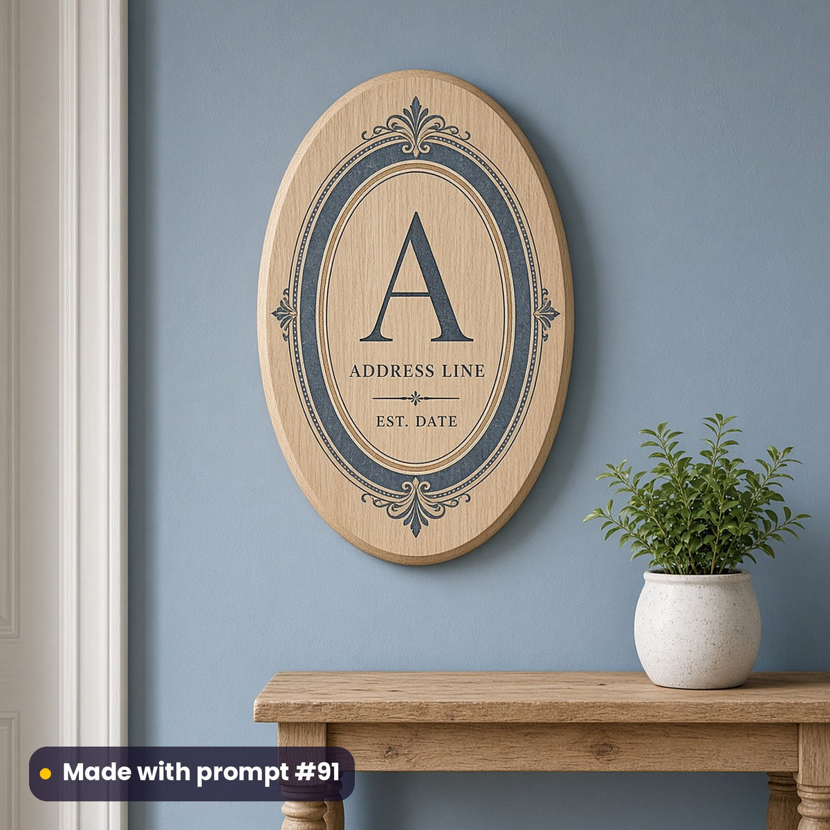 Oval oak plaque printed with a stone blue decorative frame around a monogram letter A, ADDRESS LINE and EST. DATE placeholder text, in a hallway, made with prompt #91