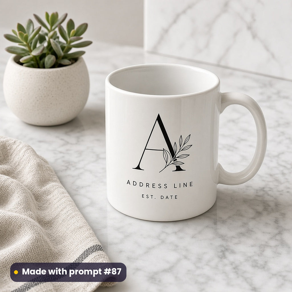 White mug printed with a line-art monogram letter A and leaf sprig above ADDRESS LINE and EST. DATE placeholder text, beside a succulent, made with prompt #87