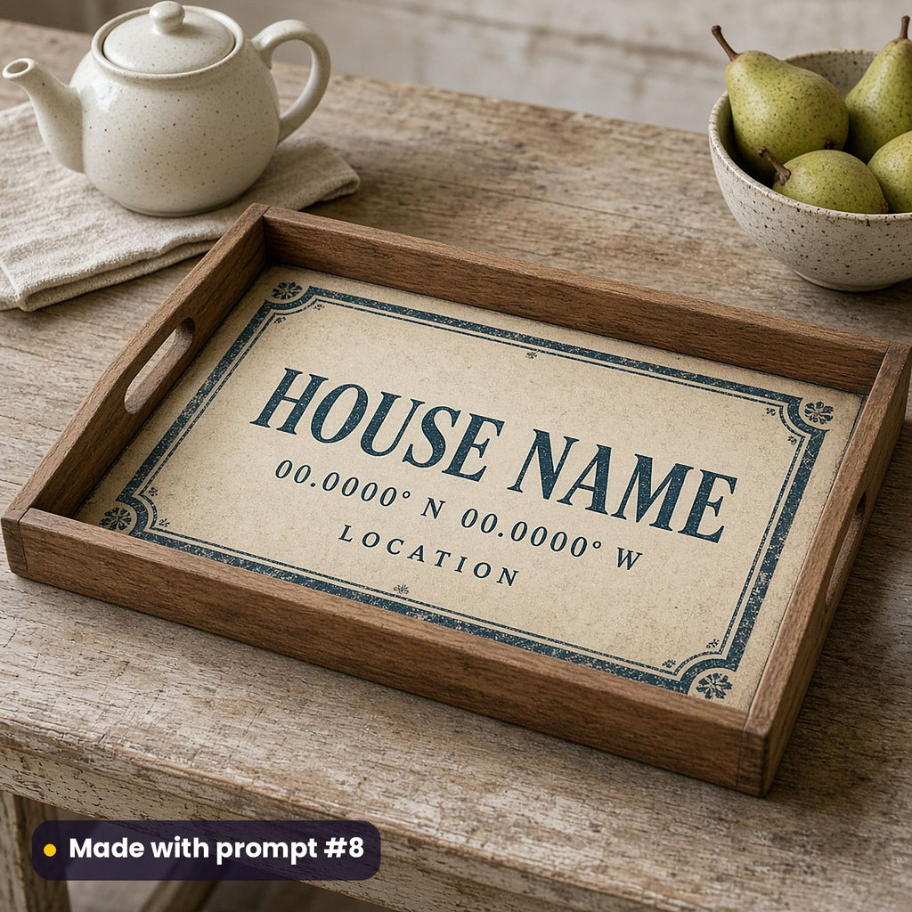 Wooden tray printed in teal letterpress style with HOUSE NAME, 00.0000° N 00.0000° W and LOCATION placeholder text, beside a teapot and pears, made with prompt #8