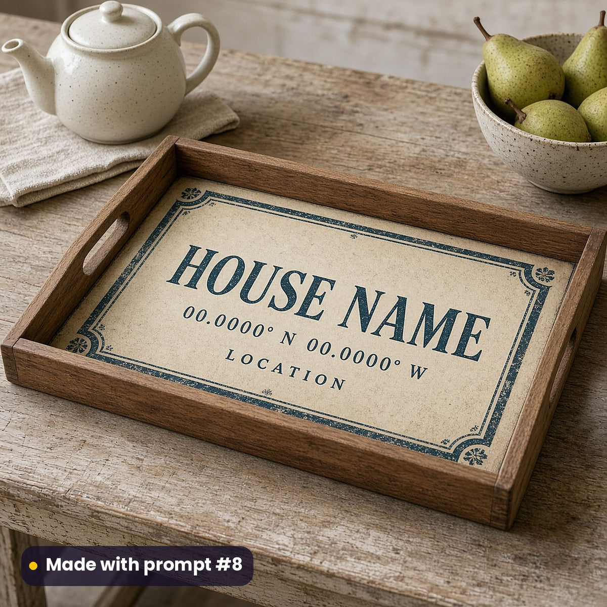 Wooden tray printed in teal letterpress style with HOUSE NAME, 00.0000° N 00.0000° W and LOCATION placeholder text, beside a teapot and pears, made with prompt #8