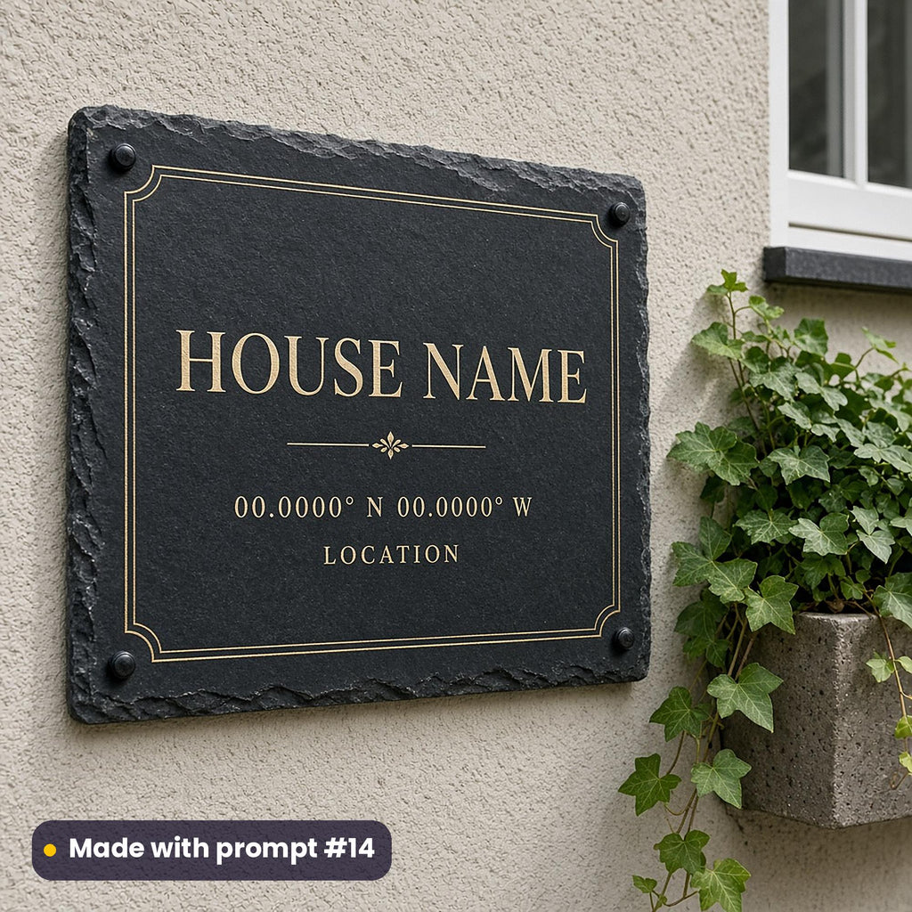 Slate house sign printed in ivory and gold with HOUSE NAME, 00.0000° N 00.0000° W and LOCATION placeholder text, beside trailing ivy, made with prompt #14