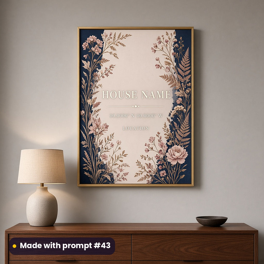 Framed wall art of pressed flowers and ferns on midnight blue around HOUSE NAME, 00.0000° N 00.0000° W and LOCATION placeholder text, made with prompt #43
