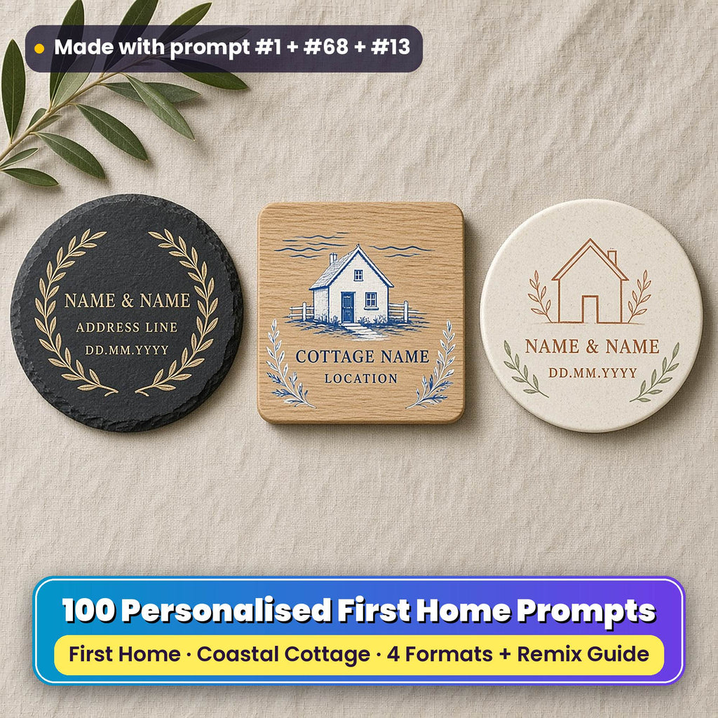 Three personalised new home coasters on linen: a slate coaster with a gold laurel ring, an oak coaster with a cobalt cottage and wave lines and a ceramic coaster with a terracotta house outline, reading NAME & NAME, ADDRESS LINE, COTTAGE NAME, LOCATION and DD.MM.YYYY as placeholder text, made with prompt #1 + #68 + #13