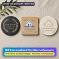 Three personalised new home coasters on linen: a slate coaster with a gold laurel ring, an oak coaster with a cobalt cottage and wave lines and a ceramic coaster with a terracotta house outline, reading NAME & NAME, ADDRESS LINE, COTTAGE NAME, LOCATION and DD.MM.YYYY as placeholder text, made with prompt #1 + #68 + #13