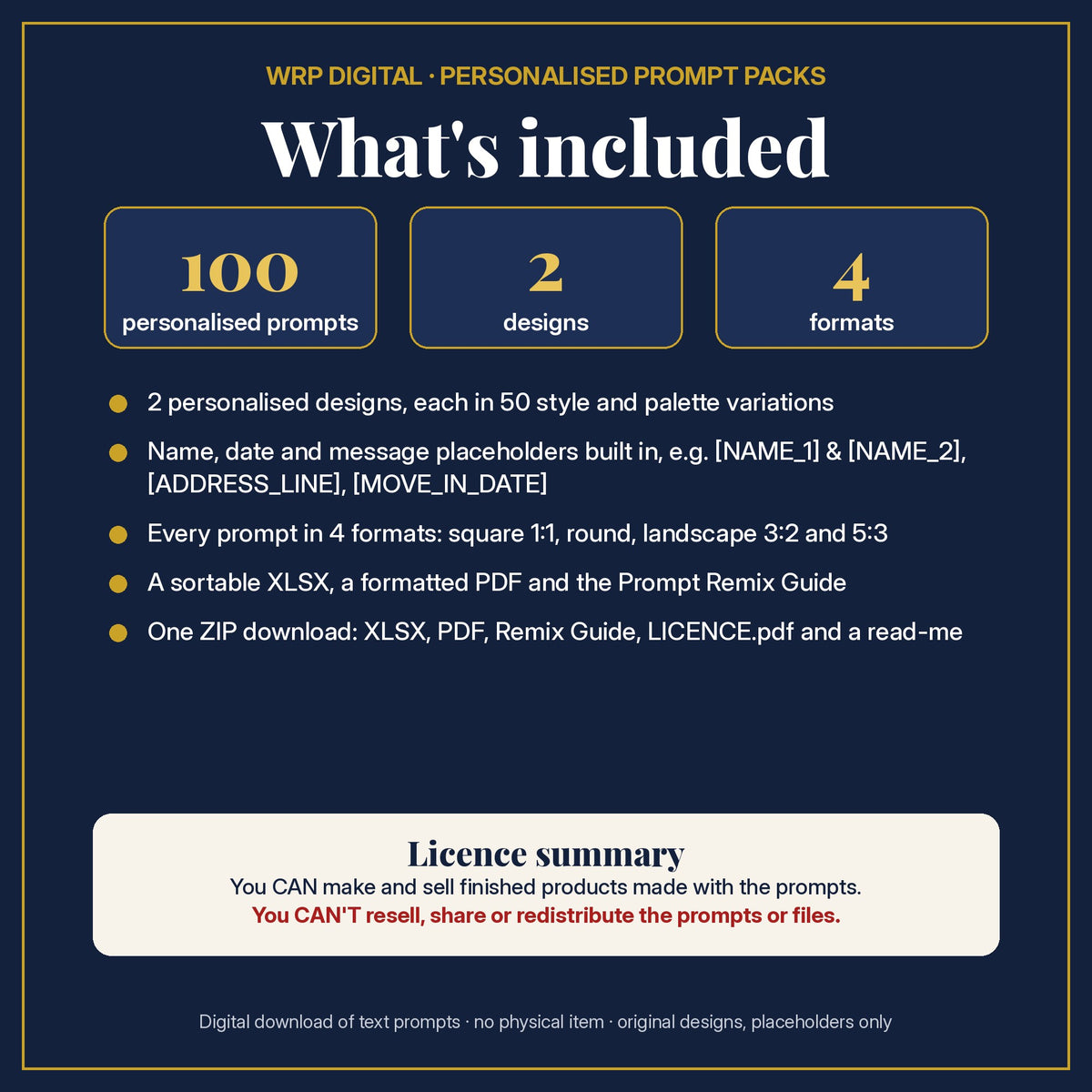 What's included: 100 personalised prompts, 2 designs with name, date and message placeholders, 4 formats (square, round, 3:2, 5:3), XLSX and PDF, Prompt Remix Guide, ZIP, and a licence summary