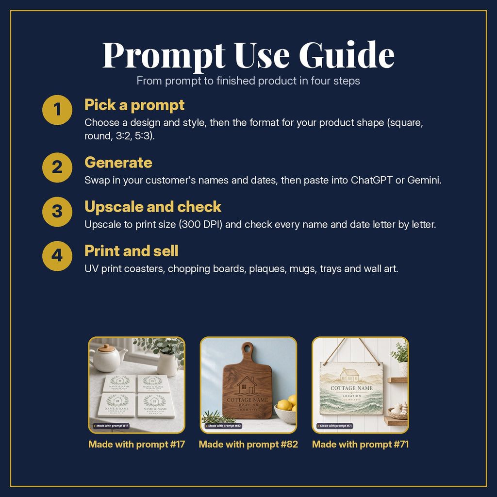 Prompt Use Guide in four steps: pick a prompt, generate, upscale and check, print and sell, with example products made with prompt #17, prompt #82, prompt #71