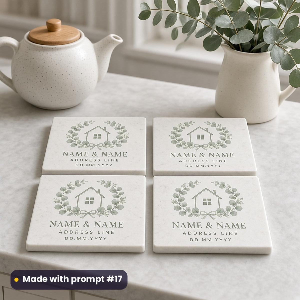 Four square stone coasters printed with a eucalyptus garland around a house outline above NAME & NAME, ADDRESS LINE and DD.MM.YYYY placeholder text, beside a teapot, made with prompt #17