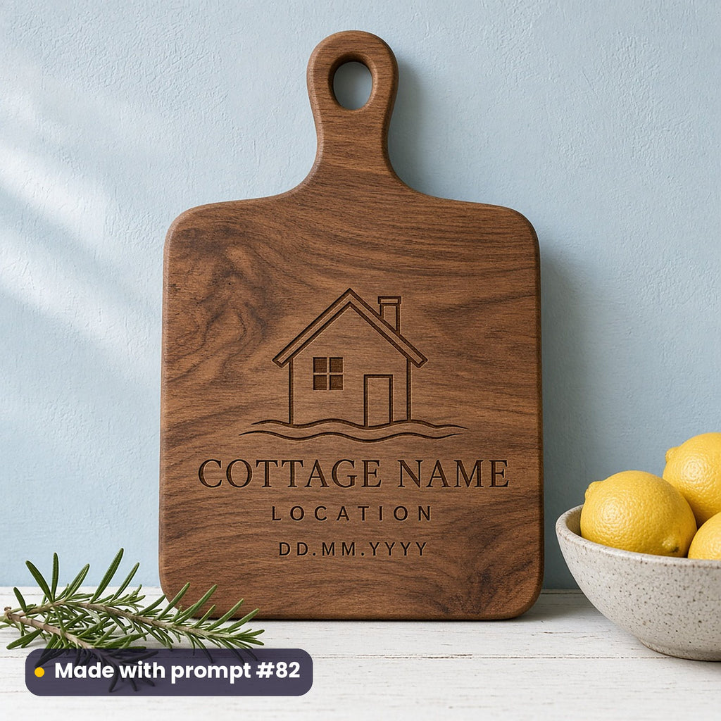 Walnut chopping board engraved with a cottage outline and wave line above COTTAGE NAME, LOCATION and DD.MM.YYYY placeholder text, beside lemons, made with prompt #82