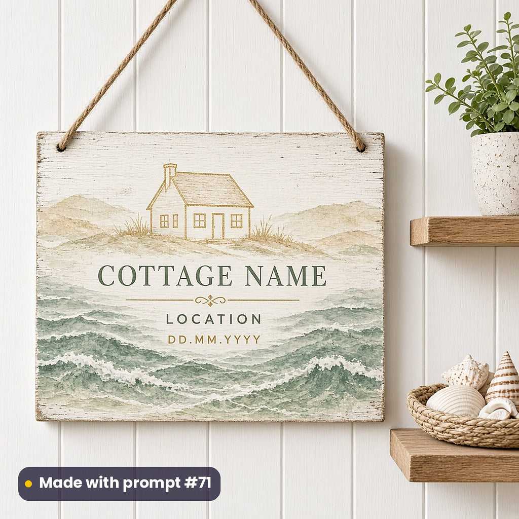 Whitewashed hanging plaque printed with sea-glass waves and a brass cottage outline around COTTAGE NAME, LOCATION and DD.MM.YYYY placeholder text, made with prompt #71