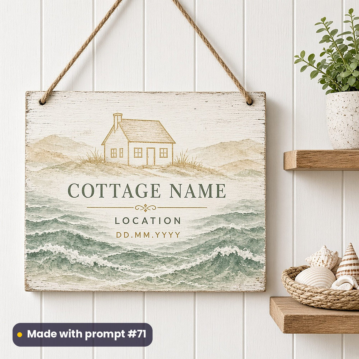 Whitewashed hanging plaque printed with sea-glass waves and a brass cottage outline around COTTAGE NAME, LOCATION and DD.MM.YYYY placeholder text, made with prompt #71