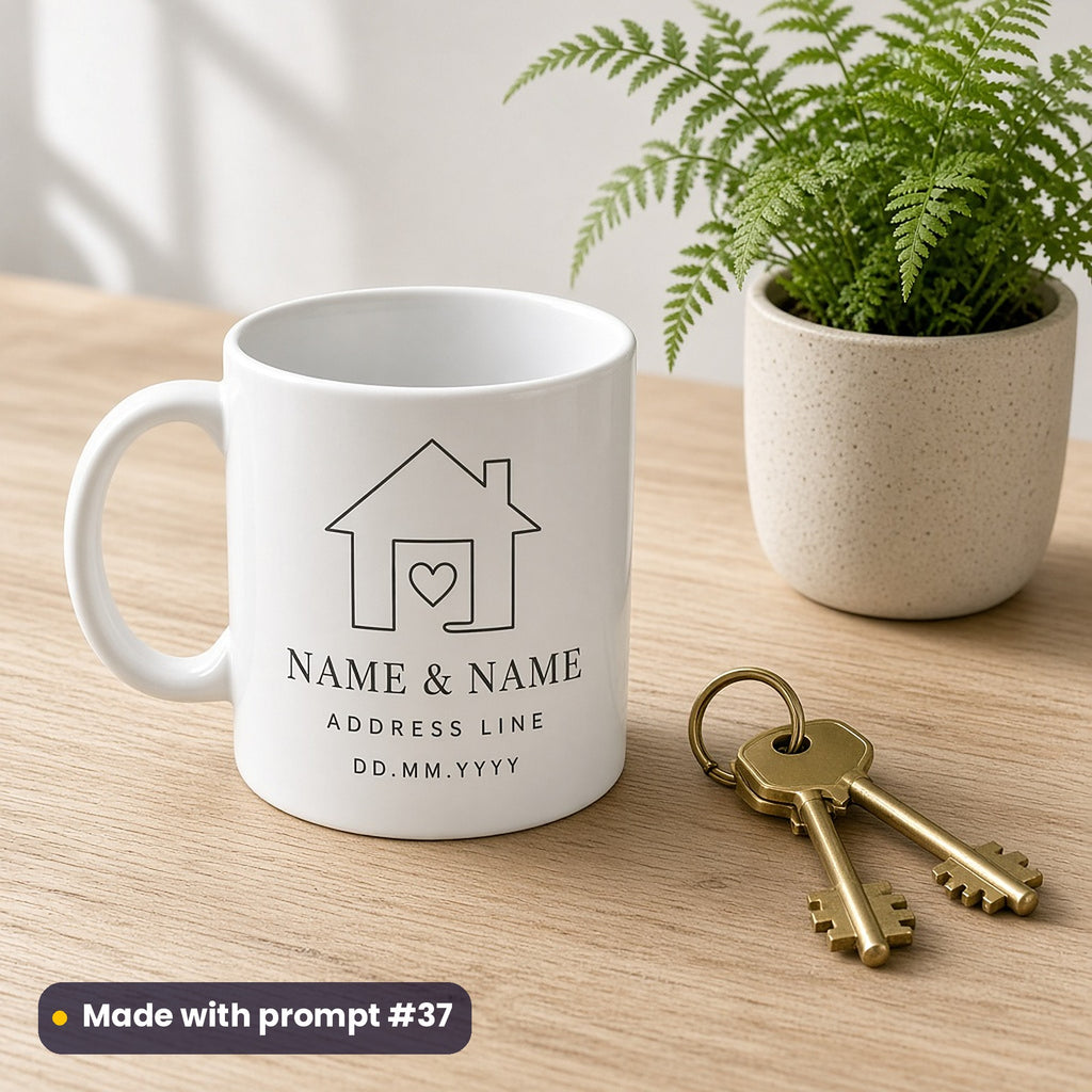 White mug printed with a single-line house outline and tiny heart above NAME & NAME, ADDRESS LINE and DD.MM.YYYY placeholder text, beside house keys, made with prompt #37