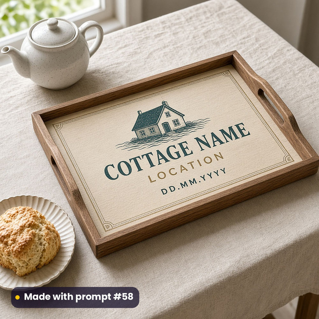 Wooden tray printed in teal letterpress style with a cottage outline above COTTAGE NAME, LOCATION and DD.MM.YYYY placeholder text, beside a teapot, made with prompt #58